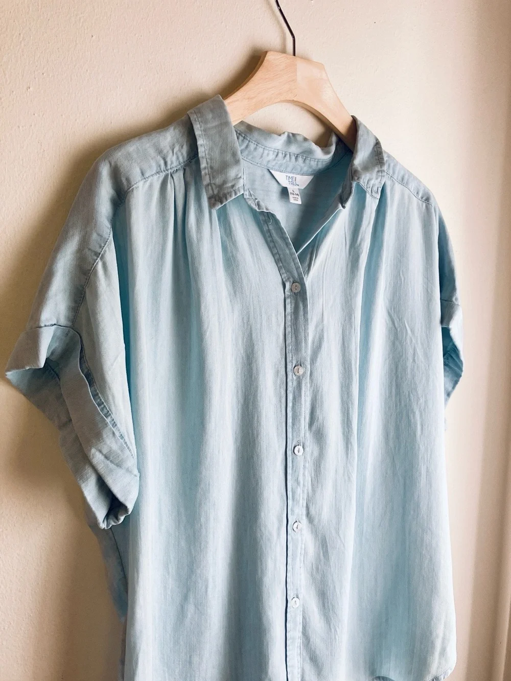 Time & Tru Light Blue Short-Sleeve Chambray Button-Down Shirt Large - Picture 3 of 11